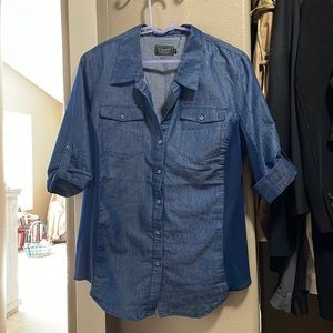 Denim button up with stretch fabric sides